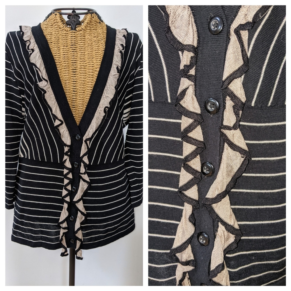 CABI black and tan ruffle cardigan sweater S